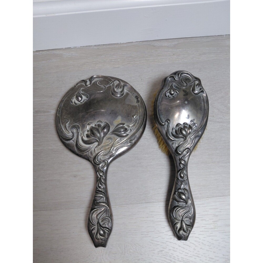 Antique Victor SilverPlate Vanity Hand Mirror/Brush 1900s